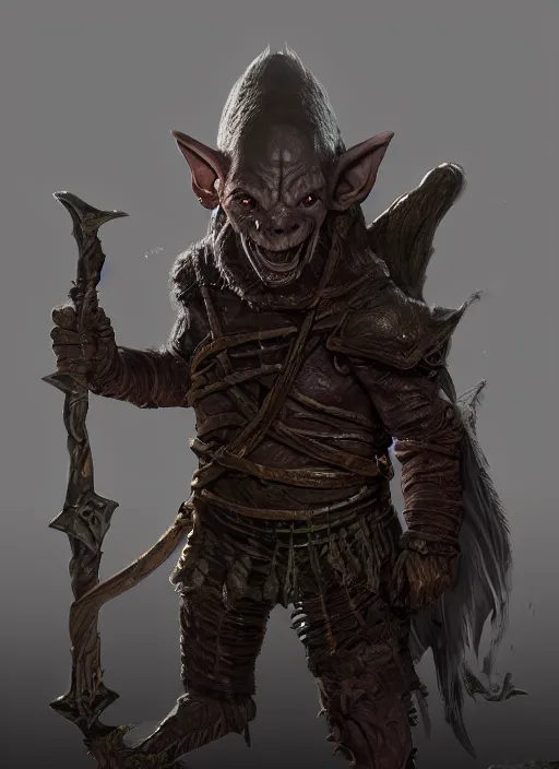 Image similar to dnd goblin ultra detailed fantasy, elden ring, realistic, dnd character portrait, full body, dnd, rpg, lotr game design fanart by concept art, behance hd, artstation, deviantart, global illumination radiating a glowing aura global illumination ray tracing hdr render in unreal engine 5