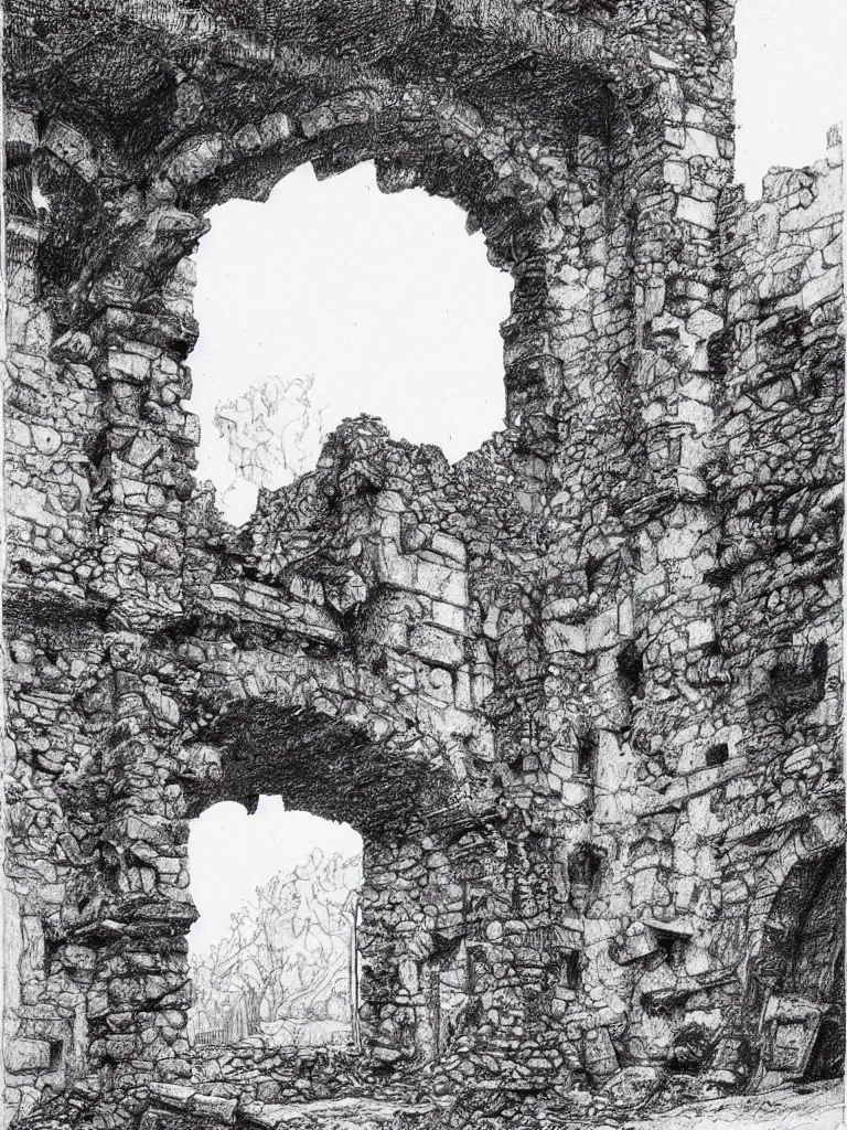 Image similar to A pen drawing of a dilapidated ancient castle building in the wood, by Juan Francisco Casas, high detailed