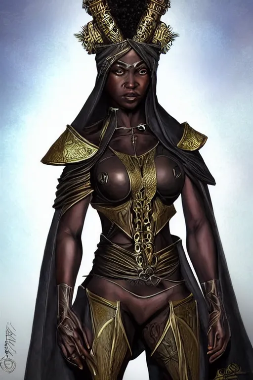 Image similar to beautiful ninja african princess with an afro. wearing cloak, medieval body armor, artgerm, trending on artstation, character concept art, border and embellishments inspired by giger.