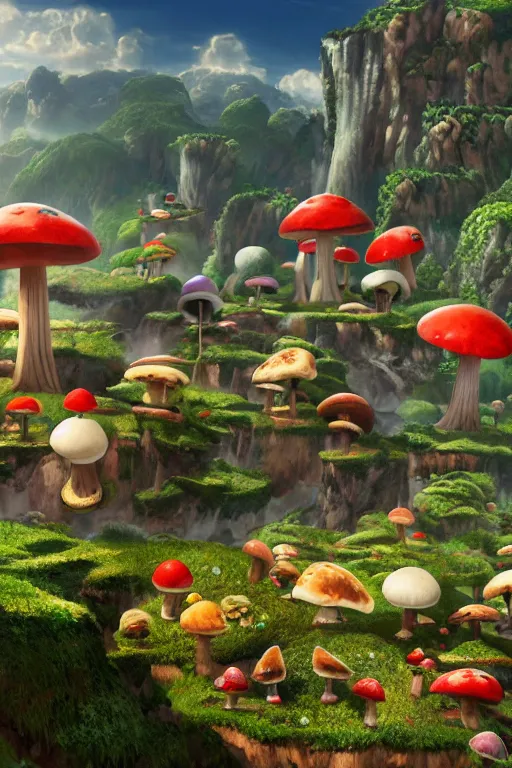 Image similar to Photo realistic, 8K UHD,high resolution : (background = the mushroom kingdom in the style of futuristic 18th/19th/20th century concept art detailed realistic )