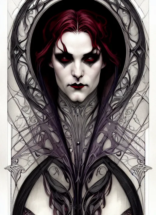 Prompt: an art nouveau, evil vampire portrait in the style of charlie bowater, and in the style of donato giancola, and in the style of charles dulac. very large, clear, expressive, intelligent eyes. symmetrical, centered, ultrasharp focus, dramatic lighting, photorealistic digital painting, intricate ultra detailed background.