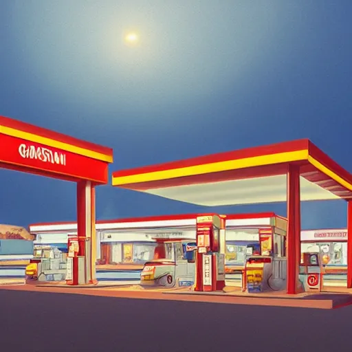 Prompt: a gas station at night by emiliano ponzi, george ault, featured on polycount, bauhaus, concept art, matte drawing, reimagined by industrial light and magic