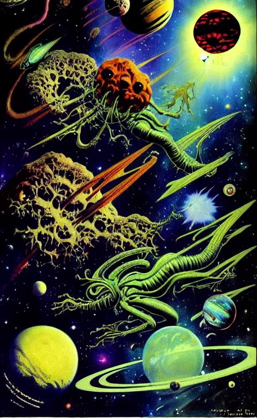 Image similar to trippy psychedelic aliens in space above a planet with a forest by frank frazetta