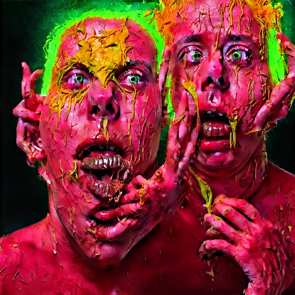 Image similar to bright psychedelic todd solondz eating rotten flesh, crying tears of blood and puking, diffuse lighting, fantasy, intricate, elegant, highly detailed, lifelike, photorealistic, digital painting, artstation, illustration, concept art, smooth, sharp focus, art by francis bacon