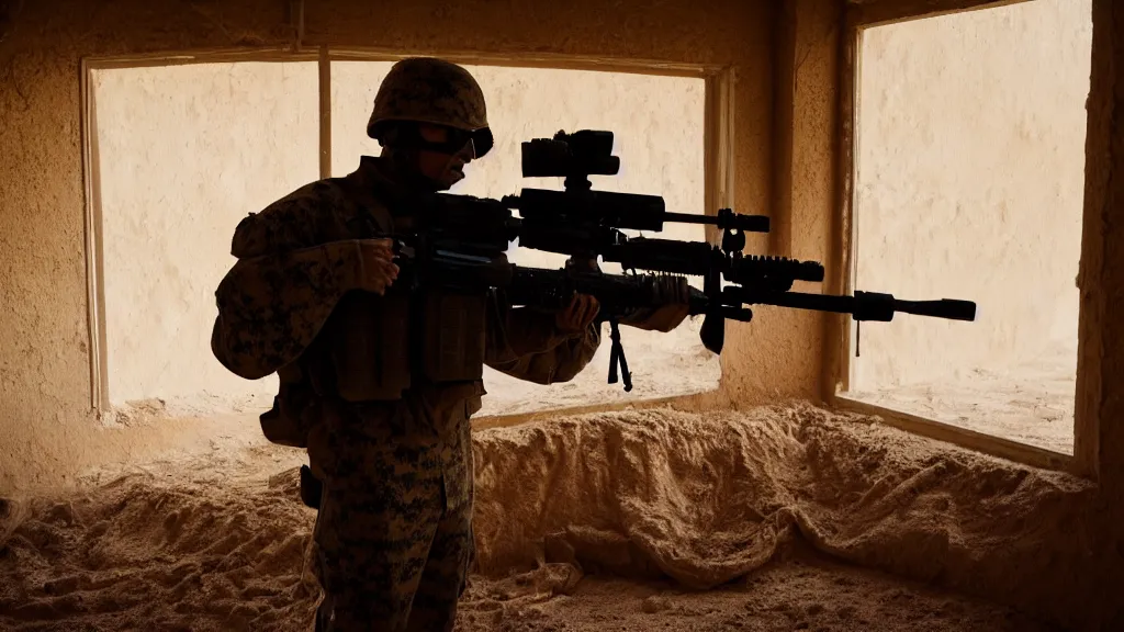 Image similar to film still of a marine soldier with a sniper rifle on his back standing in a dusty room with traditional colorful carpets on the wall in front of a sandy window. moody, grainy, 4 k, high detail, aesthetic, good composition, anatomically correct, directed by clint eastwood,