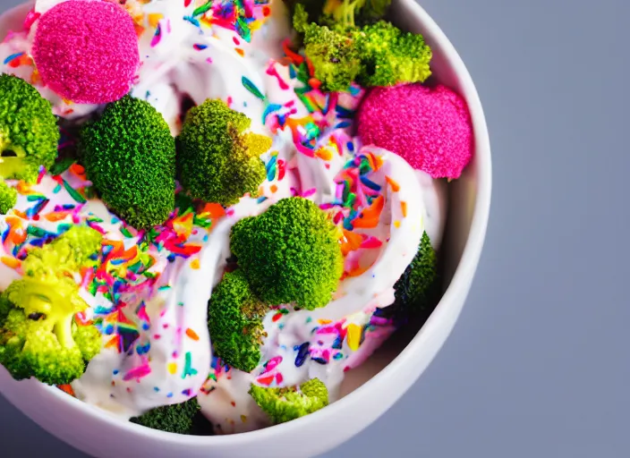 Image similar to food photo still of soft serve swirled frozen yogurt topped with broccoli and rainbow sprinkles, 8 5 mm f 1. 8 studio lighting