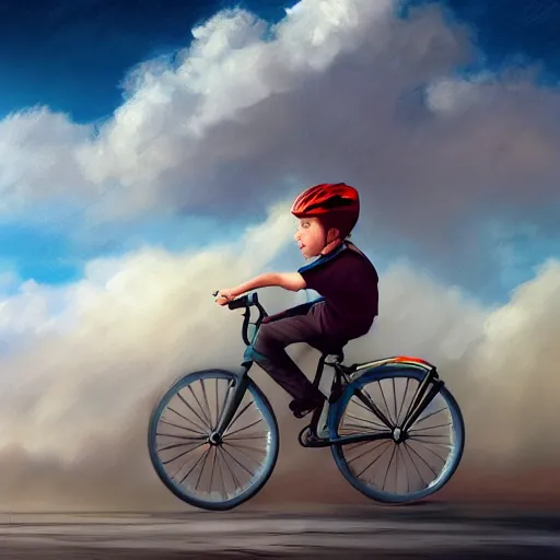 Image similar to A boy riding a bicycle flying through the clouds, painting, trending in artstation, artstationHD, artstationHQ, highly detailed, 4k