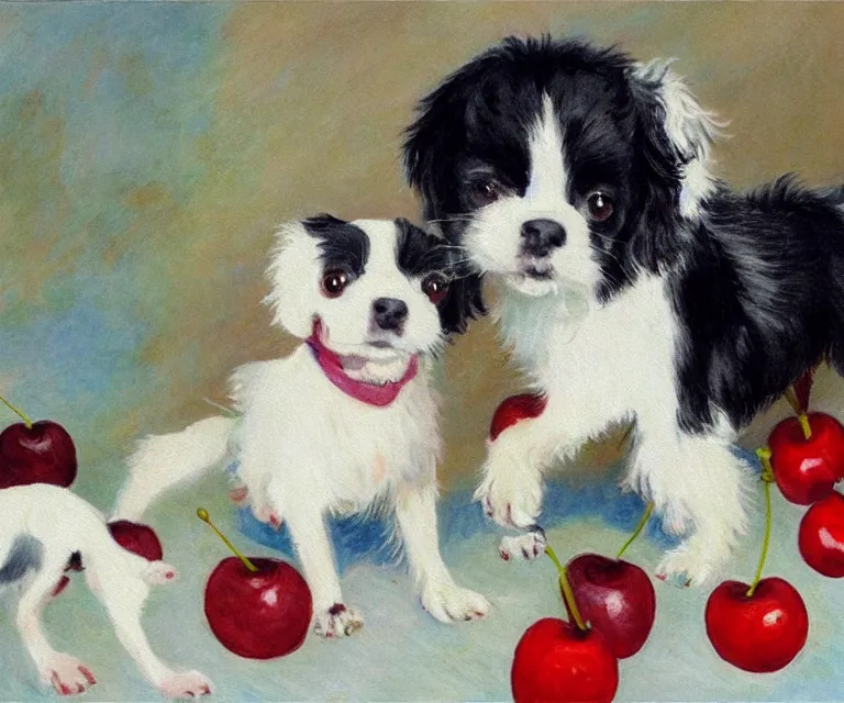 Prompt: white and black japanese chin dog eating cherry muffins, water painting, monet