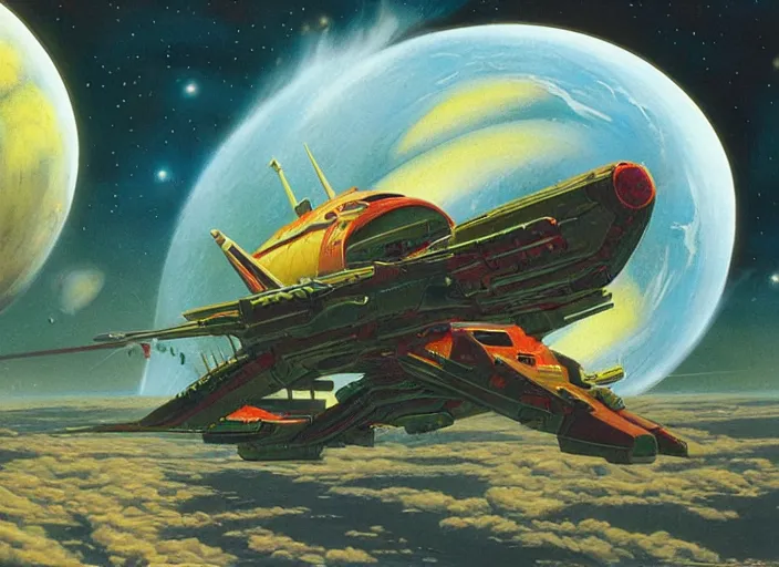Prompt: brightly colored spaceship, cinematic matte painting, peter elson, chris foss