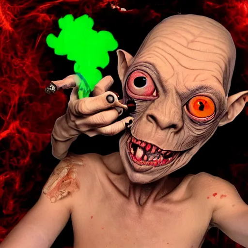 Prompt: Gollum with red eyes smoking blunt selfie