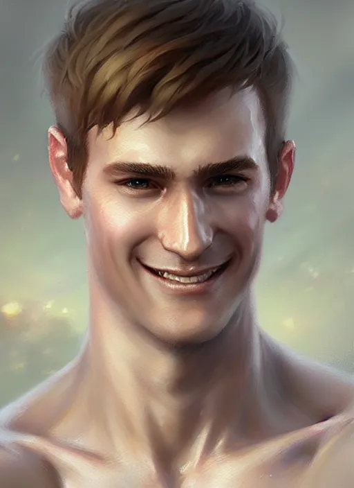 Image similar to a _ fantasy _ style _ portrait _ painting _ of white male short fringe light brown hair short head smiling clean shaven round face rpg dnd oil _ painting _ unreal _ 5 _ daz. _ rpg _ portrait _ extremely _ detailed _ artgerm _ greg _ rutkowski _ greg