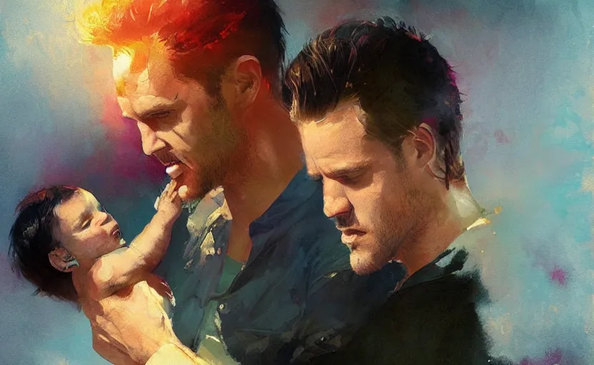 Prompt: Brandon Flowers singing a baby to sleep, jazzy, impressionism, by Greg Rutkowski