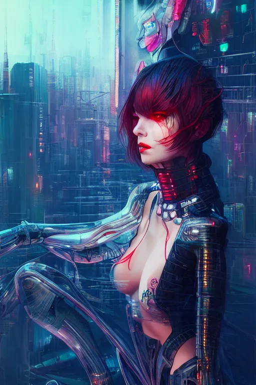 Image similar to portrait futuristic Devil Girl, in future cyberpunk tokyo rooftop , ssci-fi, fantasy, intricate, very very beautiful, elegant, human anatomy, neon light, highly detailed, digital painting, artstation, concept art, smooth, sharp focus, illustration, art by tian zi and WLOP and alphonse mucha