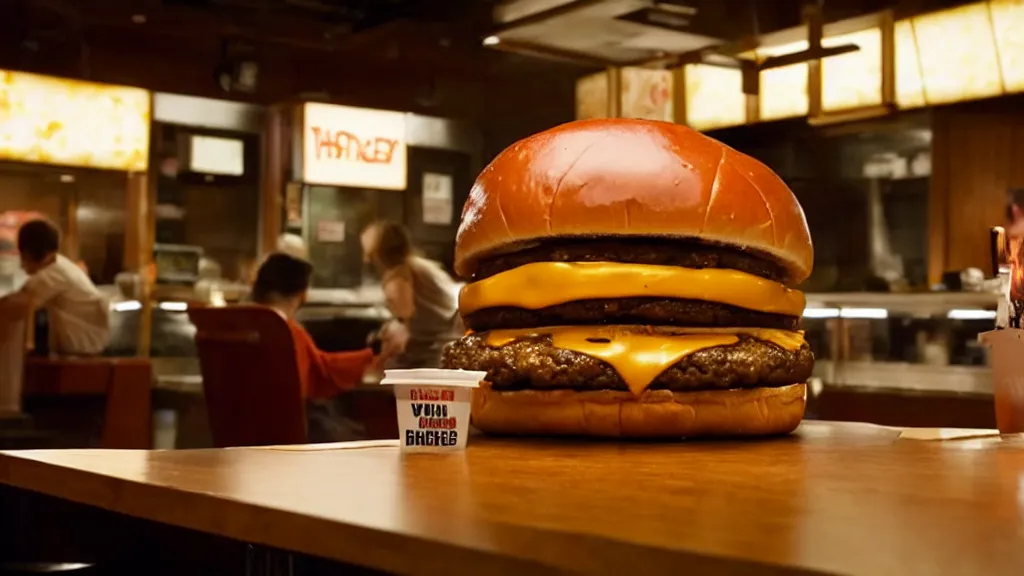 Image similar to the giant cheeseburger at the fast food place, film still from the movie directed by denis villeneuve and david cronenberg with art direction by salvador dali, wide lens