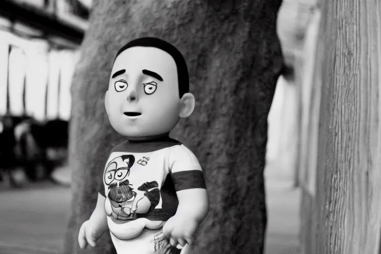 Image similar to Portrait of Stewie Griffin From Family guy as a human by Henri Cartier-Bresson,Tri-X ISO 400 film, 50mm F1. 2 Noctilux lens, shutter speed 1/125