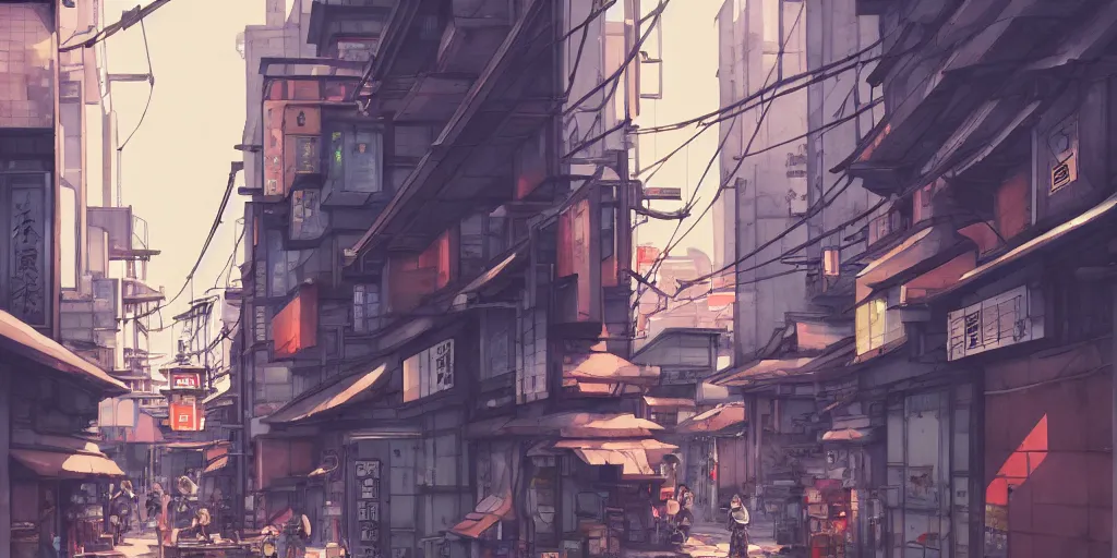 Prompt: japanese downtown, architecture, tokyo street, stylized, alleyway, in watercolor gouache detailed paintings, artstation, 8 k, big medium small, overwatch building, insanely detail, arcane, simon stalenhag, cyberpunk, food stall