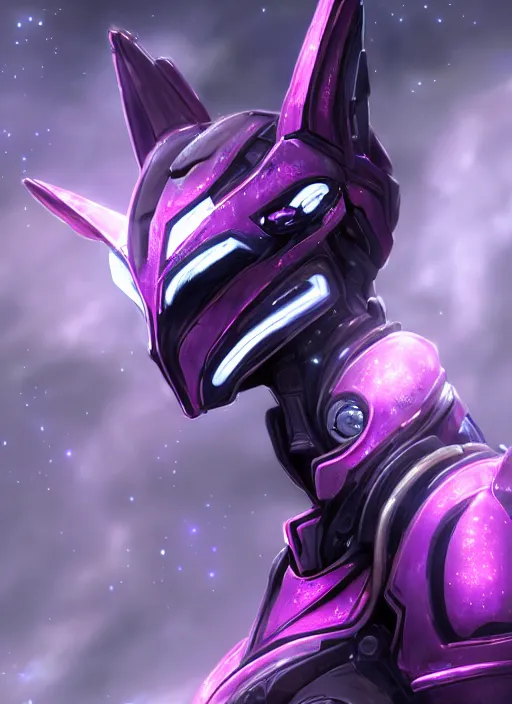 Image similar to cinematic close shot, galactic sized proportional stunning beautiful hot female warframe goddess, sleek robot mecha dragon head, metal ears, led purple eyes, smooth fuschia skin, smooth silver armor, floating in space, holding a galaxy, epic proportions, epic detail, furry art, dragon art, giantess art, warframe fanart, furaffinity, octane