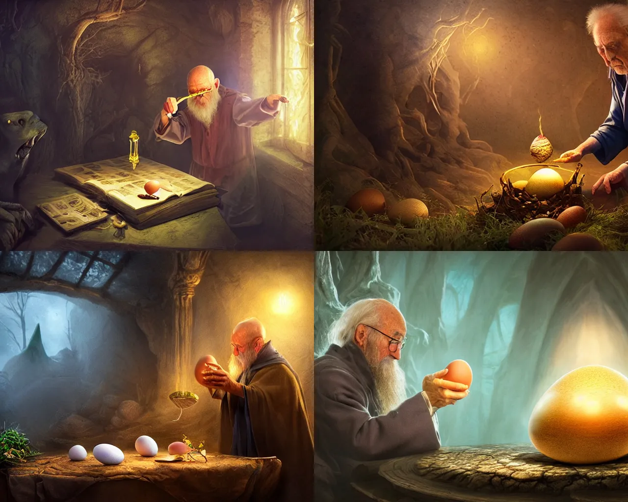 Prompt: old wizard examining a creature egg in a magical study, depth of field, dramatic lighting, cinematic, vivid colors, matte painting