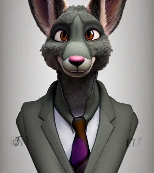 Image similar to digital drawing bust of anthromorphic female wolf, in style of zootopia, zootopia, zootopia, fursona, furry, furaffinity, 4 k, deviantart, furry art, fursona art, wearing black business suit, business suit, in style of zootopia, wolf fursona, cyberpunk, female, expressive detailed feminine face,