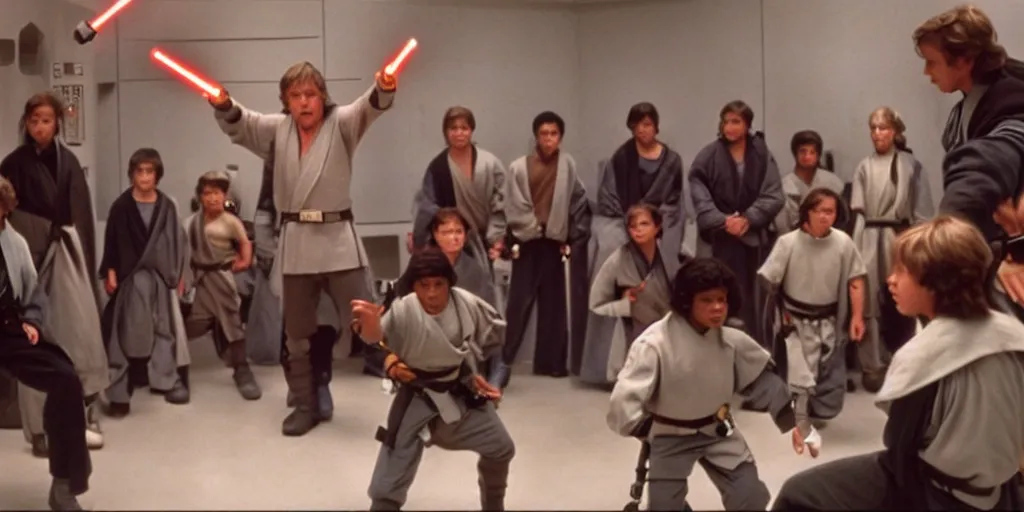 Prompt: A still of Mark Hamill as Jedi Master Luke Skywalker training a group of diverse young Jedi students in a Sci-fi room, in a Star Wars Sequel, 1990, Directed by Steven Spielberg, 35mm