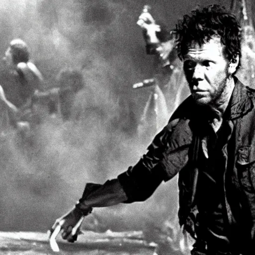 Prompt: A still of Tom Waits in Apocalypse Now, award winning