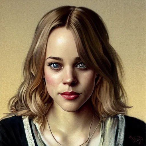 Image similar to Young blonde Rachel McAdams with thin lips, highly detailed, digital painting, artstation, concept art, smooth, sharp focus, illustration, ArtStation, art by artgerm and greg rutkowski and alphonse mucha and J. C. Leyendecker and Edmund Blair Leighton and Katsuhiro Otomo and Geof Darrow and Phil hale and Ashley wood and Ilya repin and Charlie Bowater