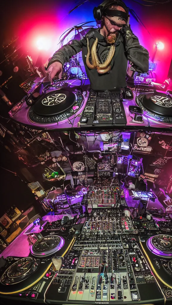 Image similar to award winning photo of an octopus! as a dj with tentacles! simultaneously placed turntables cdjs and knobs of a pioneer dj mixer. sharp, in front of a large crowd, studio, medium format, 8 k detail, volumetric lighting, wide angle, at an outdoor psytrance festival main stage at night