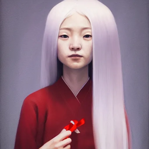 Image similar to Portrait of a japanese young lady with a long white!!!!!!! long white hair (and a red ribbon), Rim Lighting, Lantern, by Sergey Kolesov