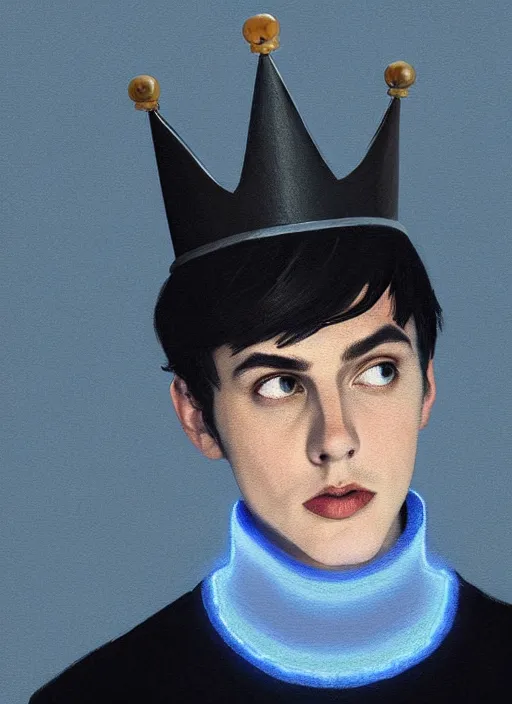 Image similar to portrait of teenage jughead jones wearing a light grey crown, crown, blue turtleneck, 1 9 5 0 s, closed eyes, photorealistic, black hair, glowing lighting, intricate, elegant, glowing lights, highly detailed, digital painting, artstation, concept art, smooth, sharp focus, illustration, art by wlop, mars ravelo and greg rutkowski