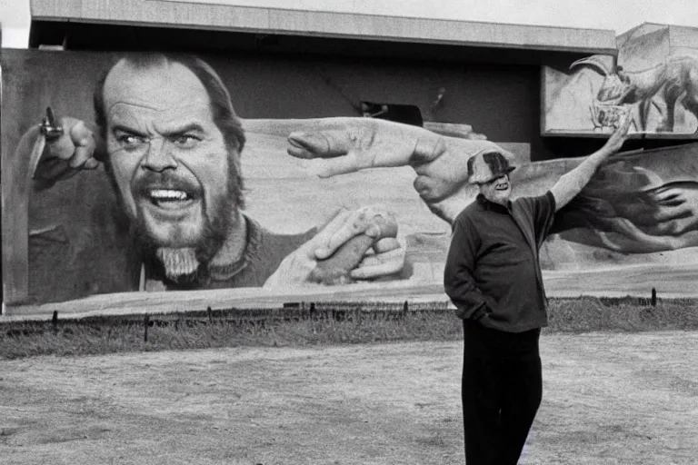 Image similar to Jack Nicholson pointing at the completed Noah's Ark while it's doors are open