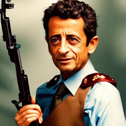 Image similar to hyper realistic and detailed vintage portrait photo of Nicolas Sarkozy standing with an AK47, ektachrome