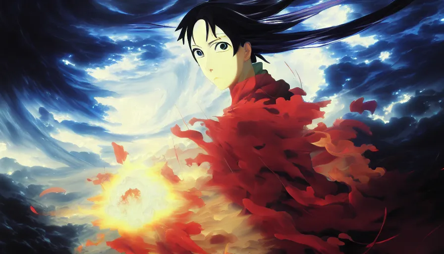 Image similar to baroque oil painting of key visual ninja war, storm, fake detail, trending pixiv fanbox, acrylic palette knife, style of makoto shinkai takashi takeuchi yoshiyuki sadamoto greg rutkowski chiho aoshima