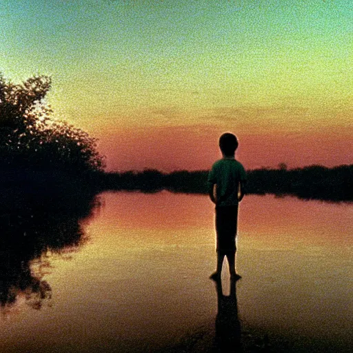 Image similar to Movie scene photography of a 10 years old boy playing in the dirty swamp, by tarkovsky, wong kar wai photography, sunset, monet pastel ambient