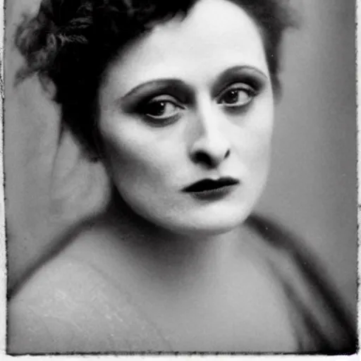 Image similar to headshot edwardian photograph of helena bonham carter, meryl streep, gaius helen mohiam, 1 9 2 0 s, sinister, evil, realistic face, 1 9 1 0 s, grainy, victorian, soft blur