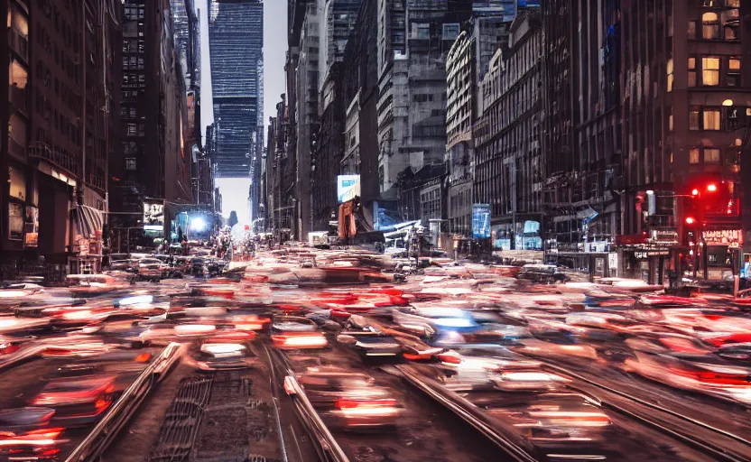 Image similar to busy nyc street , dense traffic , metro train on bridge over street, cinematic lighting, still photo