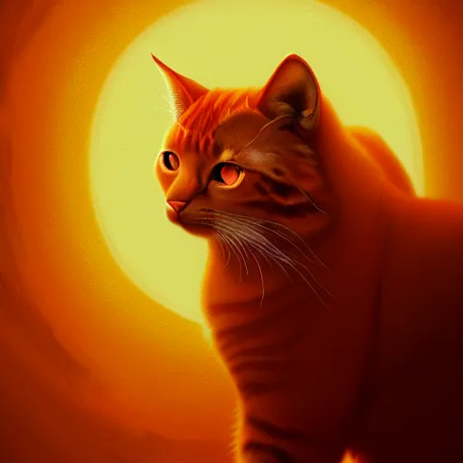 Image similar to A fuzzy orange cat sitting on planet earth, atmospheric lighting, painted, intricate, volumetric lighting, beautiful, rich deep colours masterpiece, golden hour, sharp focus, ultra detailed, by Leesha Hannigan, Ross Tran, Thierry Doizon, Kai Carpenter, Ignacio Fernández Ríos