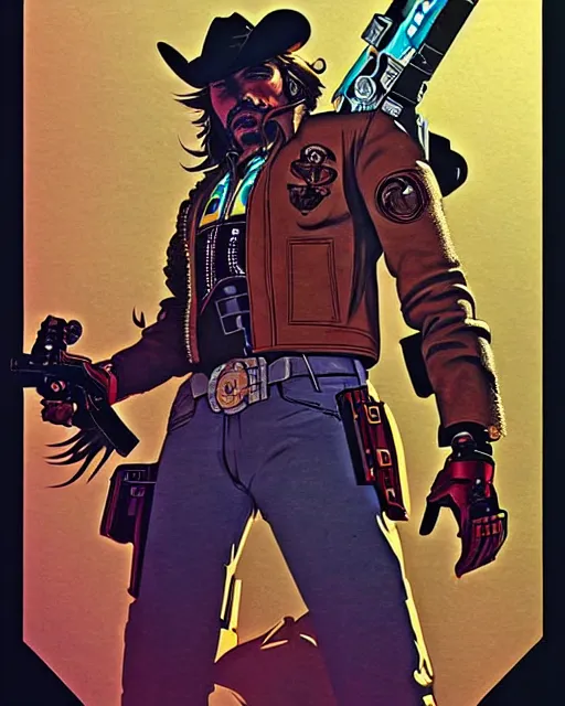 Image similar to mccree from overwatch, cyber space cowboy, outter space, character portrait, portrait, close up, concept art, intricate details, highly detailed, vintage sci - fi poster, retro future, vintage sci - fi art, in the style of chris foss, rodger dean, moebius, michael whelan, and gustave dore