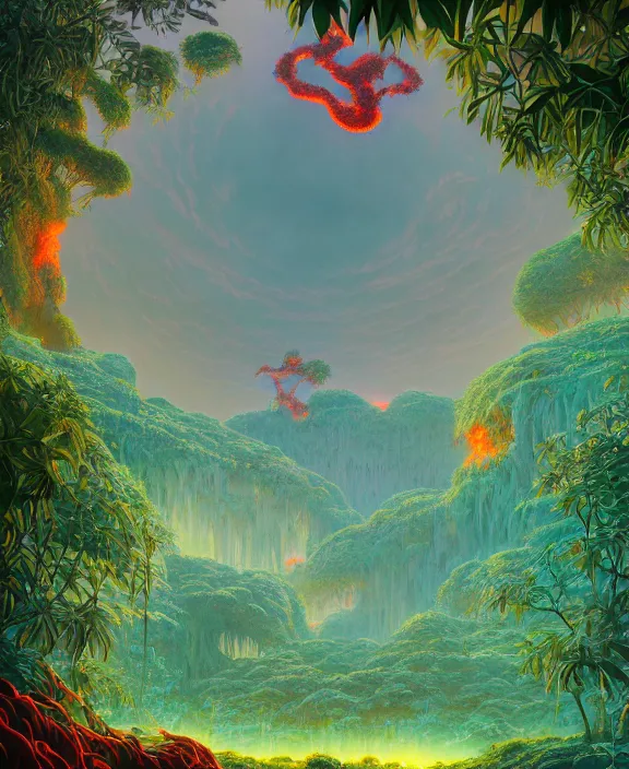 Image similar to simplicity, an simple structure made out of exotic fungus, overgrown with lush floral jungle, partly cloudy, hellscape, hell, fire, brimstone, lava, by dan mumford, yusuke murata, makoto shinkai, ross tran, cinematic, unreal engine, cel shaded, featured on artstation, pixiv