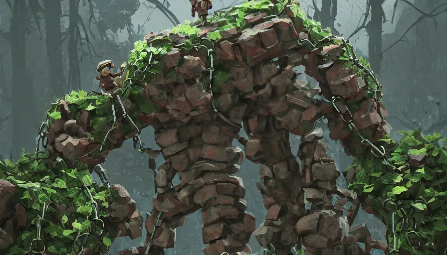 Prompt: stone golem, true evil, covered in ivy, dormant in chains, broken, calling a tiny traveller nearby, sharp focus, james gilleard, cinematic, game art, extremely detailed digital painting, print