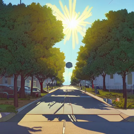 Image similar to neighborhood street, uptown street, golden hour, golden sunshine, trees over road, shining sun in distance, trees, juniper trees, oak trees, cars parked in street, long street, distance, cel - shaded, raytracing, cel - shading, toon - shading, 2 0 0 1 anime, flcl, jet set radio future, drawn by artgerm