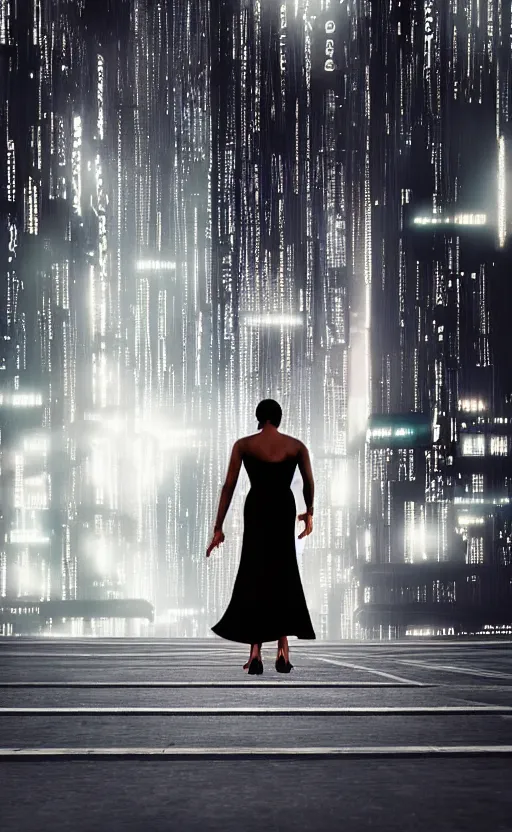 Image similar to “elegant Black woman in dress and heels with her back to us, looking at a futuristic Blade Runner city” 8K