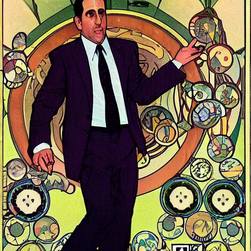 Image similar to a detailed animated portrait of Michael Scott from The office, wearing pijamas, by Alphonse Mucha