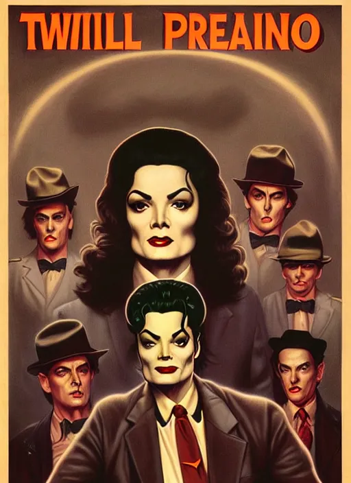 Image similar to twin peaks poster art, michael jackson vs zumbies, old retro pulp noir comic cover, by michael whelan, rossetti bouguereau, artgerm, retro, nostalgic, old fashioned