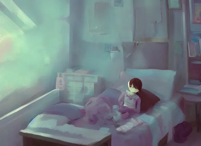 Prompt: placid pastel morning cute cluttered painterly fluffy tiny cramped dusty attic, slanted ceiling, tiny space, particulate, trending on pixiv