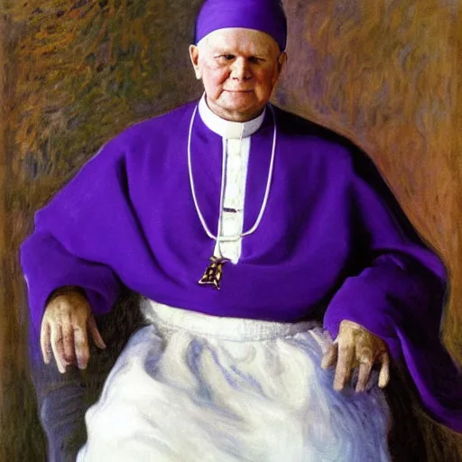 Image similar to portrait of john paul ii wearing white turban with purple top by claude monet