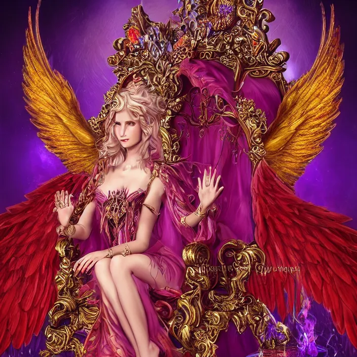 Image similar to Princess sorceress with red flaming bird wings on her back and sitting on an ornate throne dressed in a fancy long purple dress, beautiful realistic symmetrical defined face, Slight smile and open eyes, anatomically correct, Fantasy, Full Body Portrait, High detail, hyper realistic