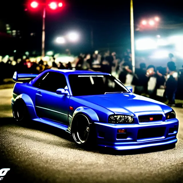 Prompt: a car R34 twin turbo drift at illegal car meet, Kanagawa prefecture, city midnight mist lights, cinematic lighting, photorealistic, highly detailed wheels, high detail