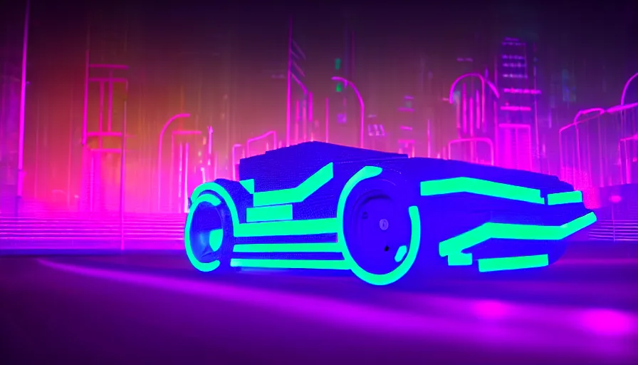 Image similar to luminescent lego car driving on a neon road into the distance with glowing cyberpunk signs leaving long glowing trails, top rear view, dark magical forest, synthwave, octane render, purple fog, futuristic, sunset, purple rays, reflective mirror puddles, beautiful lighting, ultra realistic, highly detailed, 8 k