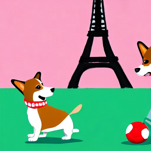 Image similar to illustration of french boy playing football with a corgi wearing a polkadot scarf in front of the eiffel tower