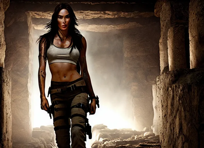 Image similar to film still of!!!! megan fox!!! as lara croft in new tomb raider movie, closeup portrait, exploring inside of aztec temple, dramatic lighting, octane, mist, volumetric lighting, 8 k